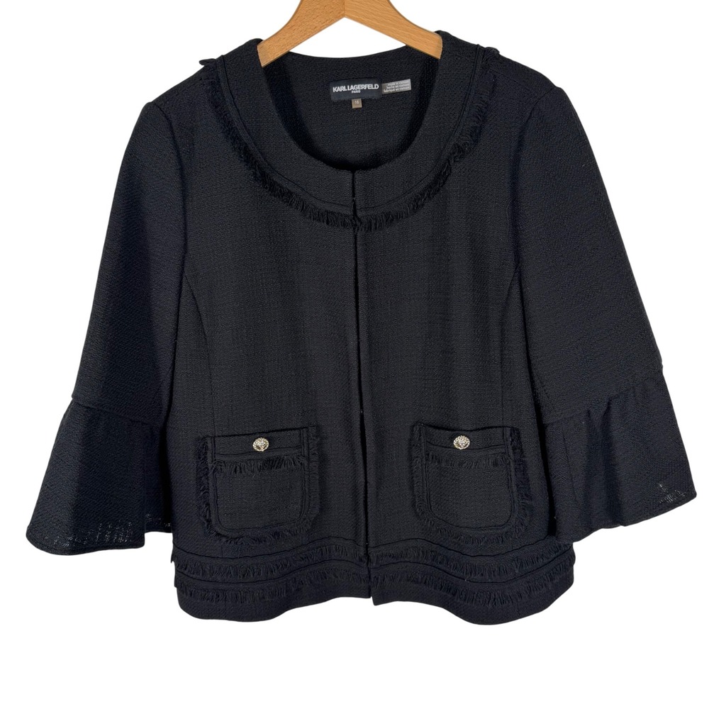 Karl Lagerfeld Paris Tweed‎ Fringe Bell Sleeve Jacket Womens Size 16 Black